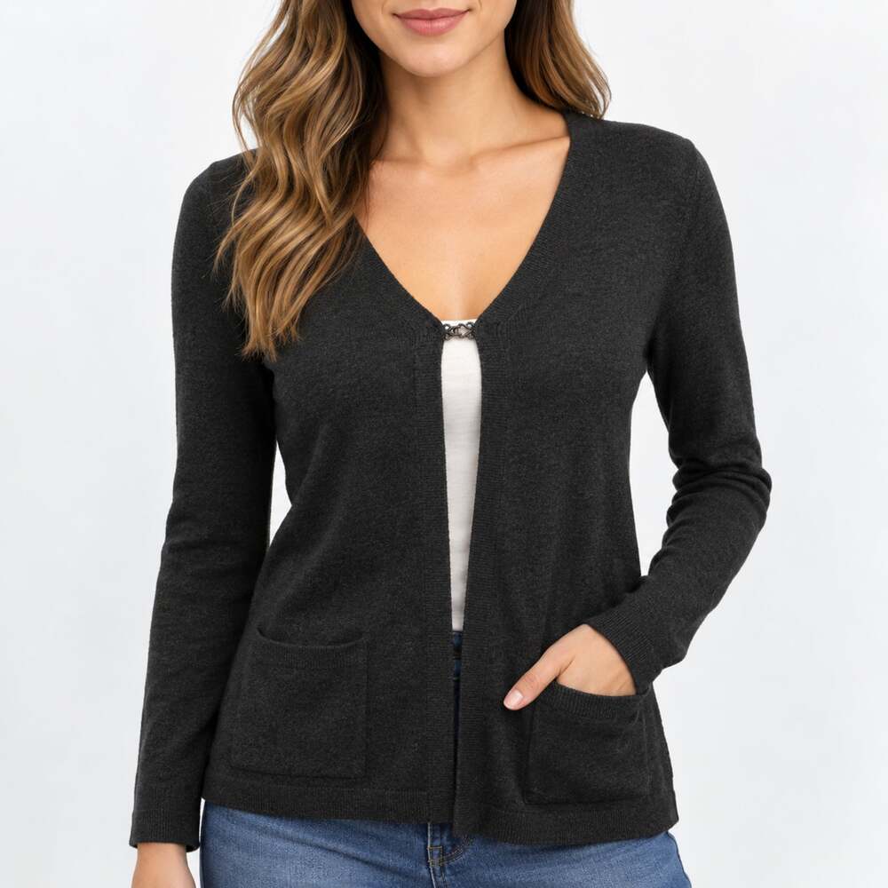 Anne Klein Classic Cardigan Sweater Charcoal Gray Womens M Knit Clasp Career